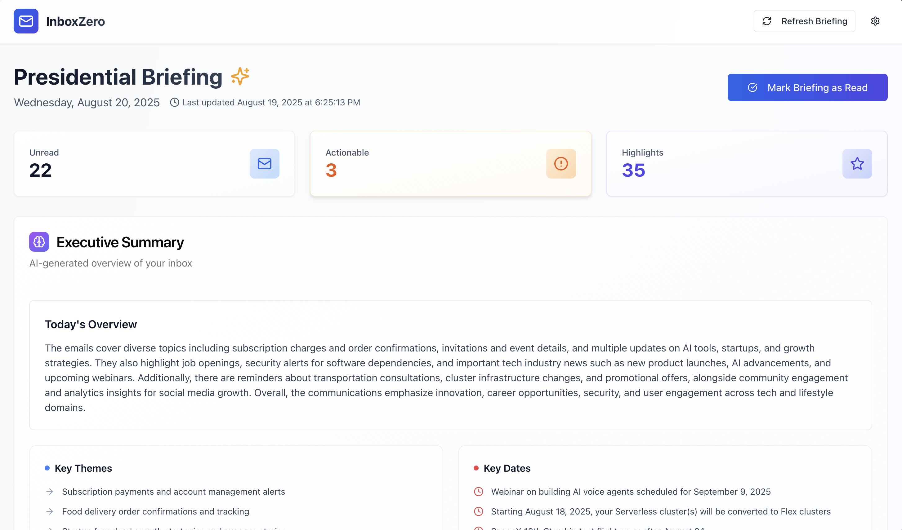 InboxZero Dashboard - Presidential Email Briefing